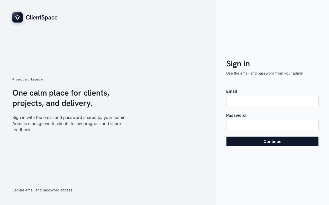 ClientSpace login screen for the admin and client portal