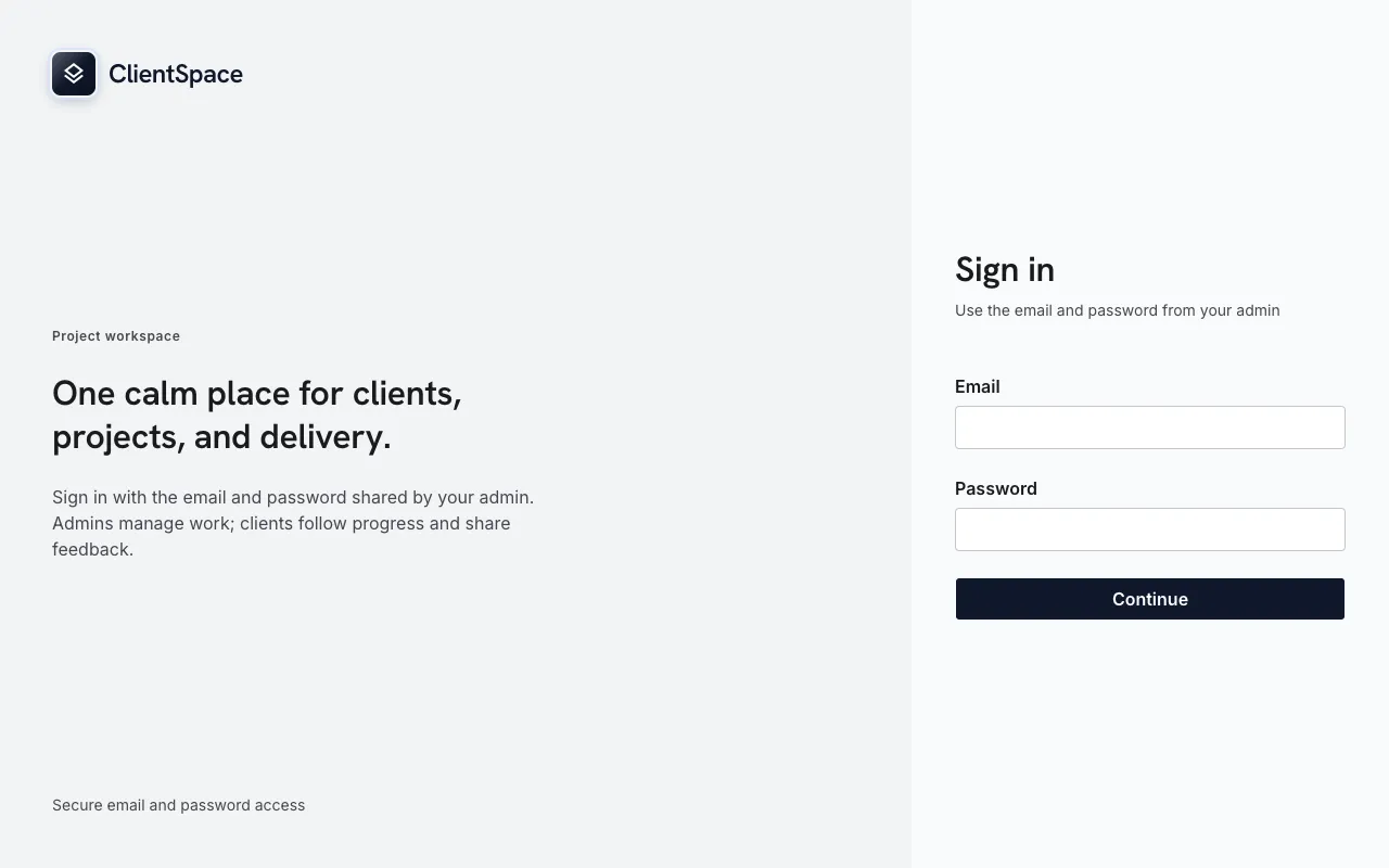 ClientSpace login screen for the admin and client portal
